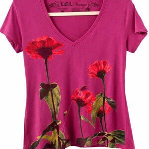 L.O.L. Vintage Pink Glittery Floral V Neck Tee Tagged XXL Fits Small 100% Cotton